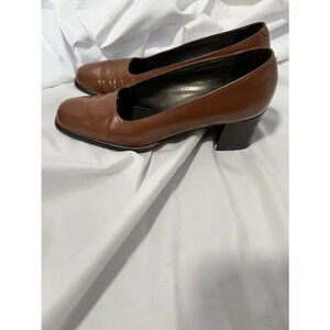 Talbots Chestnut Brown Leather Chunky Heel Pumps